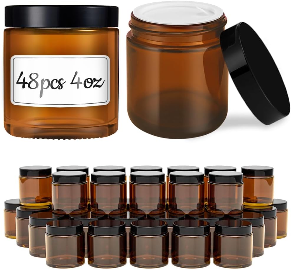 Tecohouse 4 oz Amber Glass Jar with Lids, 48 Pack Small Candle Jars with Lids & Sticker, Empty Cosmetic Containers for Sample, Cream, Spice, Lotion, Ointments Drying jar