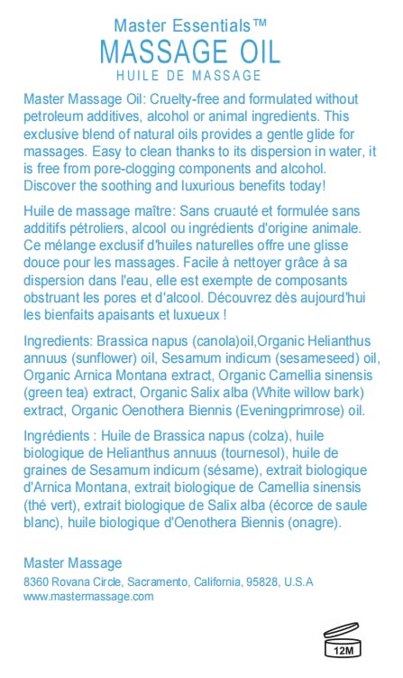 Master Massage Unscented Organic Massage Oil - 8 fl oz, Water-Soluble Blend, Skin-Nourishing Formula, Perfect for Massage Therapy and Home Use, Pack of 1