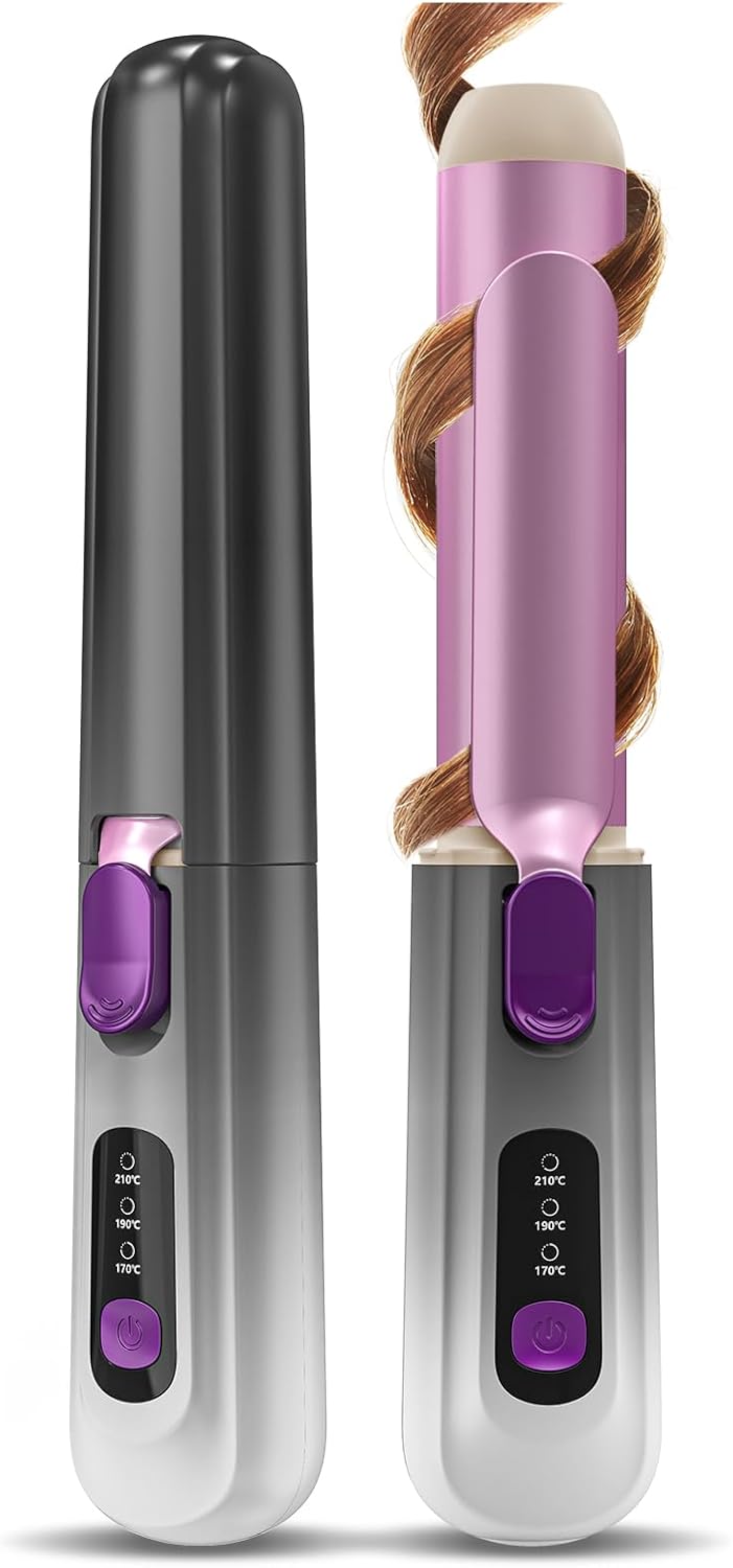 Youbella Cordless Curling Iron, 8000mAh Travel Hair Curler, Portable Heated Wand with Protective Cover & Gloves, USB Rechargeable for Big Waves, 1.35” Wireless Hair Styling Tool, Negative Ions, Gray