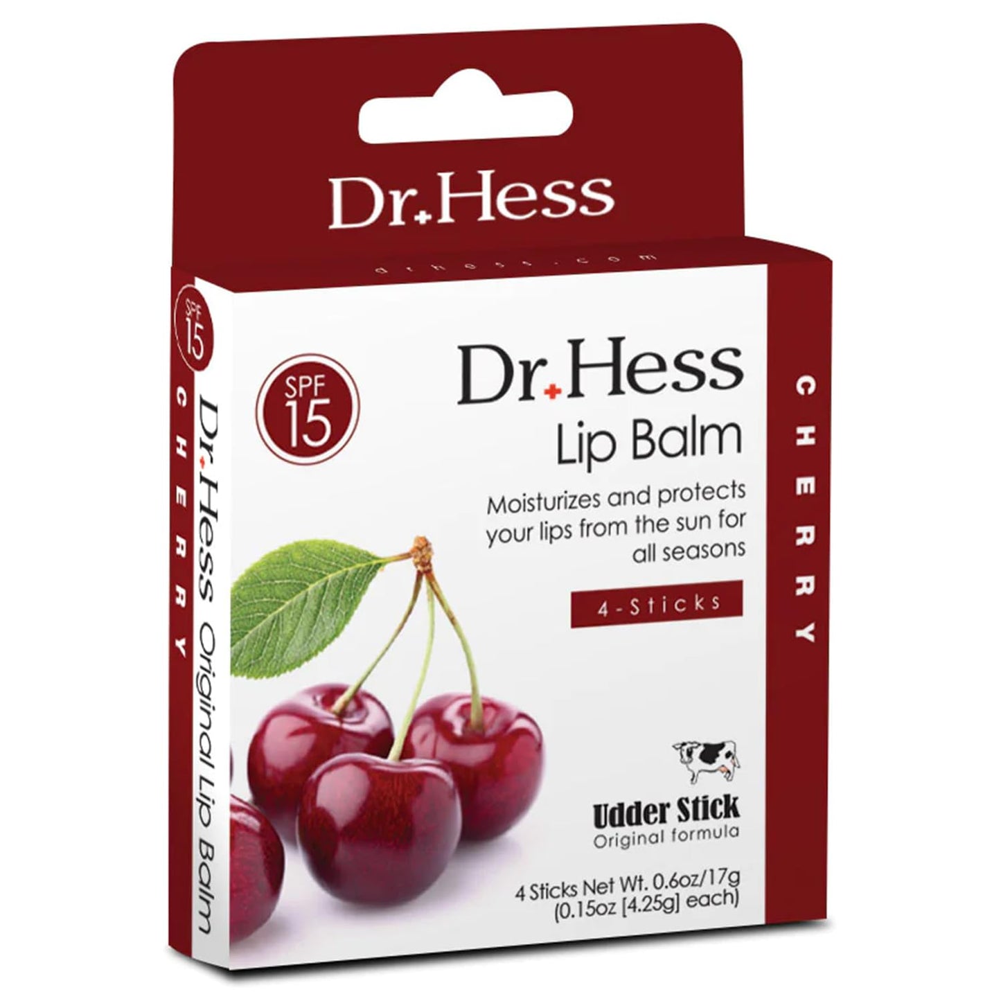Dr. Hess Original Udder Stick SPF Lip Balm, Soothing Moisturizer Sun Screen Balm for Dry Lips with Jojoba, Beeswax & Shea Butter, Total Lip Care, Hydration & Repair, Cherry Flavor, 4 Pack