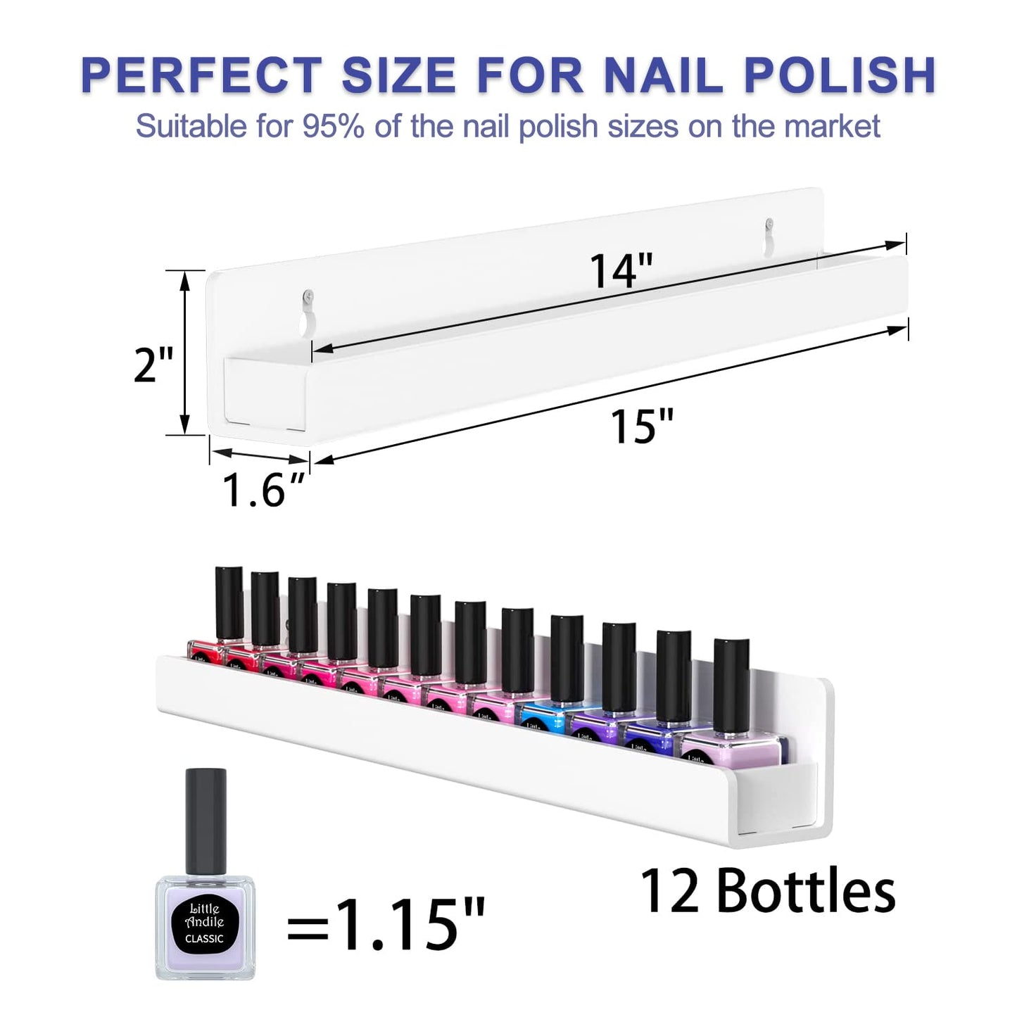 FEMELI Nail Polish Wall Rack: 6 Shelves 15 Inch White Acrylic Nail Polish Holder Organizer for 66-90 Bottles, Multi-Purpose Acrylic Floating Shelves (15 Inch, White)