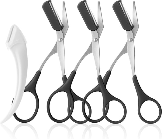 3pcs-Eyebrow Scissors with Eyebrow Razor,Professional Eyebrow Trimmer Scissors with Comb,Non Slip Finger Grips Eyebrow Trimmer,Hair Removal Beauty Accessories for Men Women (Black)