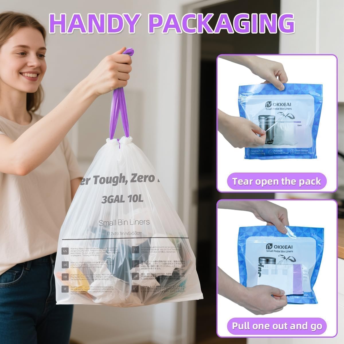 OKKEAI 3 Gallon Small Trash Bags with Drawstring, 64 Count Bathroom Garbage Bags – Leak-Proof Tear-Resistant Wastebasket Liners for Bathroom, Kitchen, Office