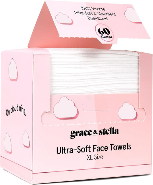 grace & stella Disposable Face Towels - Travel Essentials - Ultra-Soft & Absorbent Face Wipes Towelettes - XL Facial Towels for Cleansing & Makeup Removal - Lint-Free Facial Tissue - Vegan (60 Count)