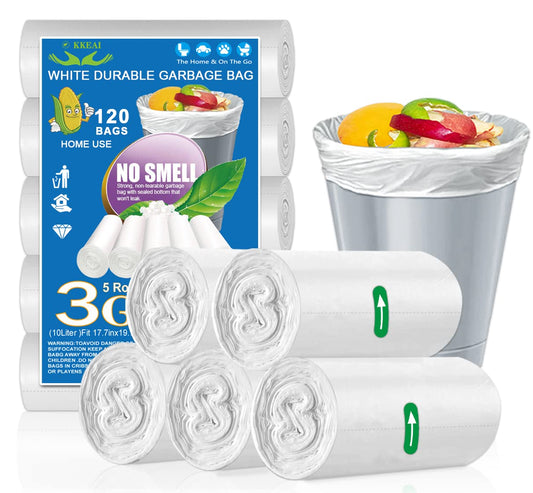 OKKEAI 3 Gallon Small Trash Bags 120 Counts White Garbage Bags Small Bathroom Trash Can Bags 10L Wastebasket Liners for Home Office Kitchen,White fit 10L -15 Can