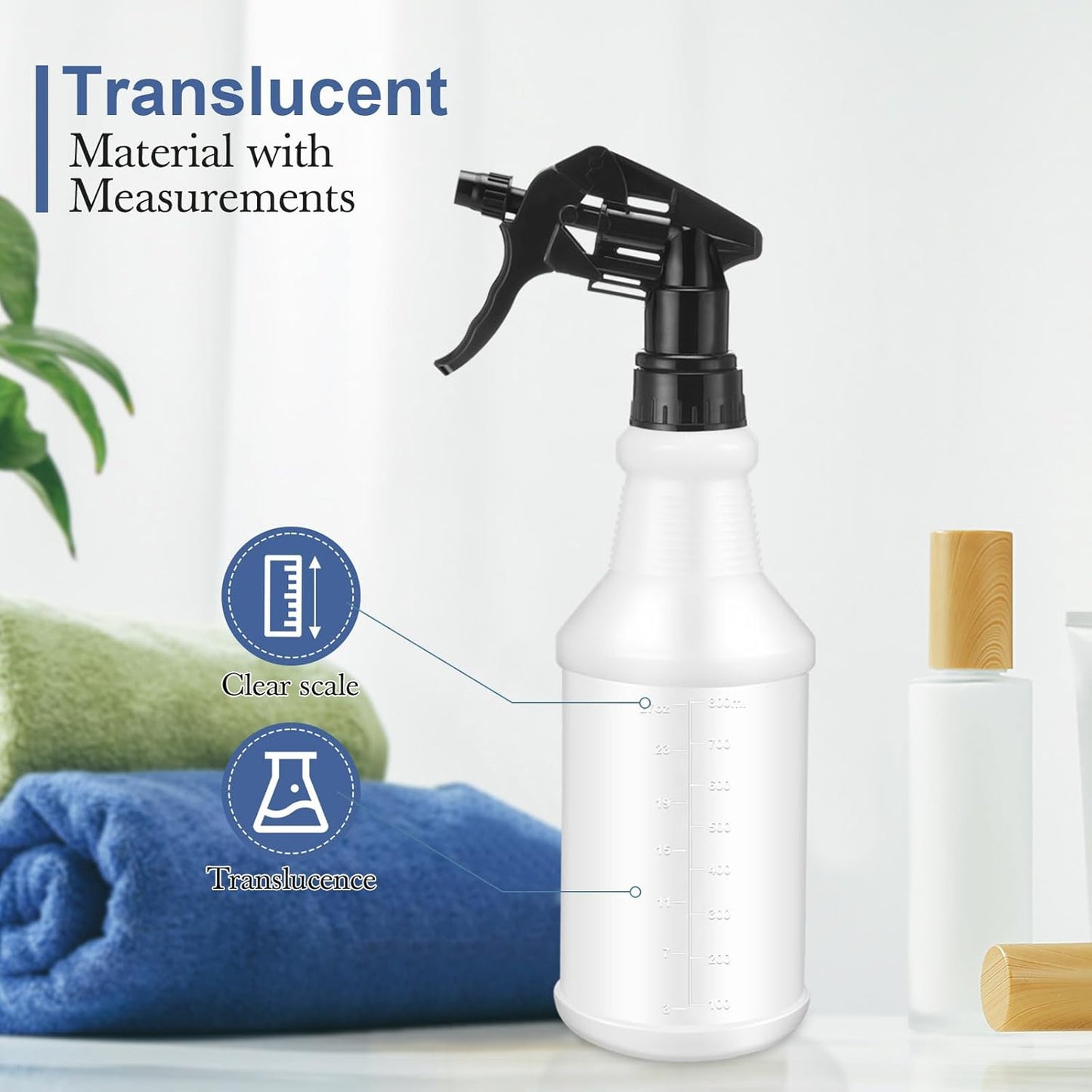 Zubebe 24 Pack 32 oz Plastic Spray Bottle Bulk Empty Leakproof Heavy Duty Spray Bottles for Cleaning Supplies Mist Bottles with Label and Adjustable Nozzle for Plant(Black,Clear Scale)