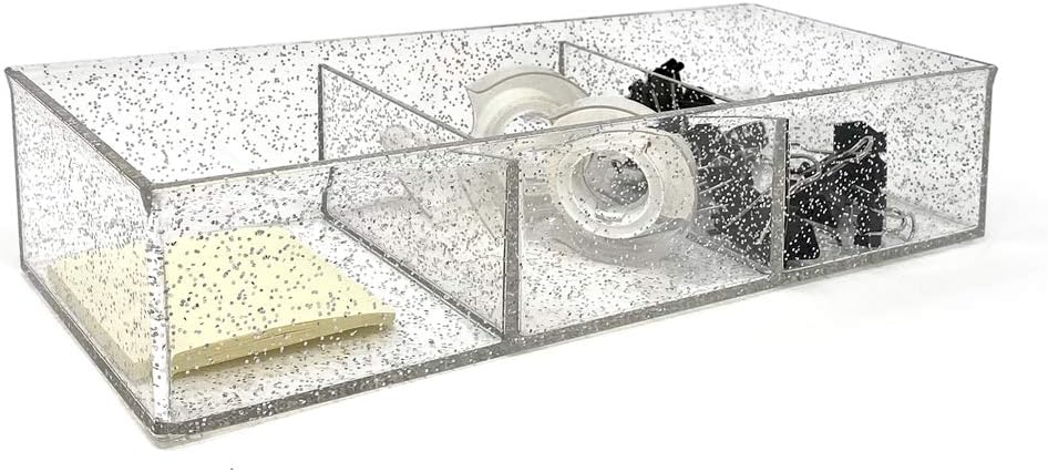 Isaac Jacobs Large 3-Compartment Acrylic Stackable Organizer (12.9" L x 5" W x 2.7" H), Multi-Sectional Tray & Storage Solution for Makeup, Craft Supplies, Bathroom, Kitchen, Office (Silver Glitter)