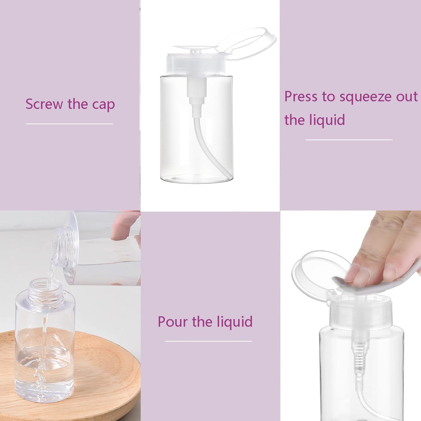 Push Down Pump Dispenser, 3.4oz Clear Pump Bottles with Alcohol, Acetone, Nail Polish Remover, Makeup Remover, Toner Stickers Empty Push Top Container for Liquid (100ml-2Pack)