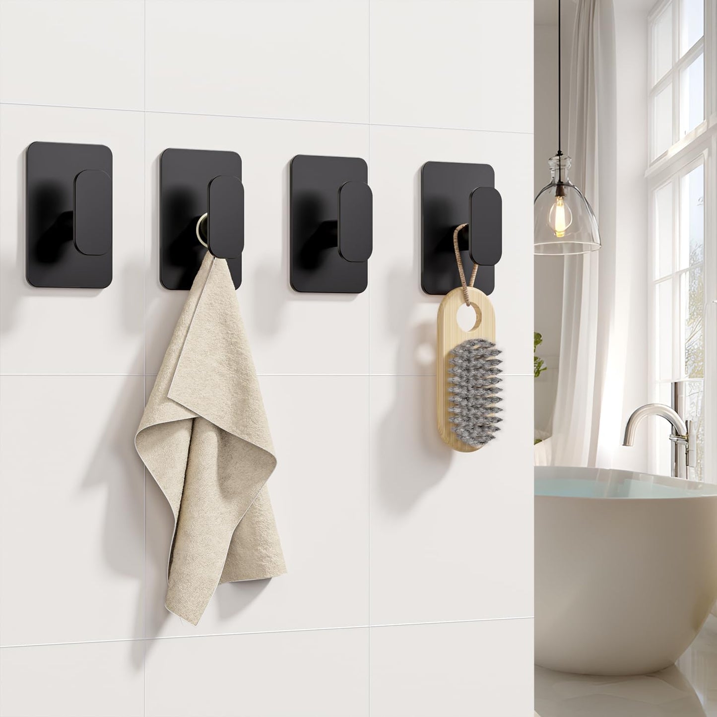 Heavy Duty Self Adhesive Hooks - 26lb Max, Sticky Wall Hooks Stainless Steel for Hanging Towel, Coat, Robe, Waterproof & Rustproof Hooks Stick on Bathroom, Shower, Kitchen (Black, 4 Pack)