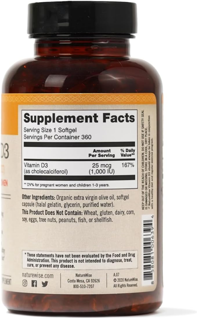 NatureWise Vitamin D3 1000iu (25 mcg) Healthy Muscle Function, and Immune Support, Non-GMO, Gluten Free in Cold-Pressed Olive Oil, Packaging Vary ( Mini Softgel), 360 Count