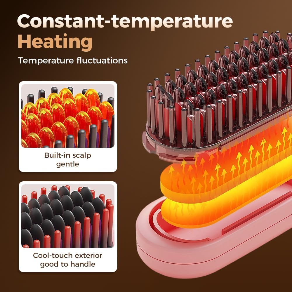 Cordless Hair Straightener Brush, 2026 Updated Mini Portable Hair Straightener for Travel, Fast Heating Straightening Brush, USB Ceramic Electric Hair Comb for Women Straightening and CurlingBlack