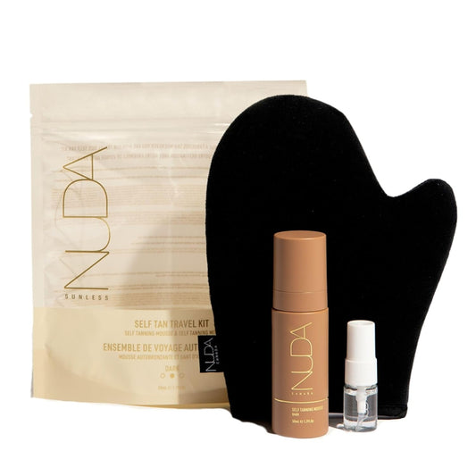 Nuda Travel Self Tanning Kit | Includes Self Tanning Mitt Applicator, 50mL Dark Self Tanning Mousse, & 5mL Original Face Tanner Spray | Travel Size Self Tanner Kit for a Nourishing Head-to-Toe Tan