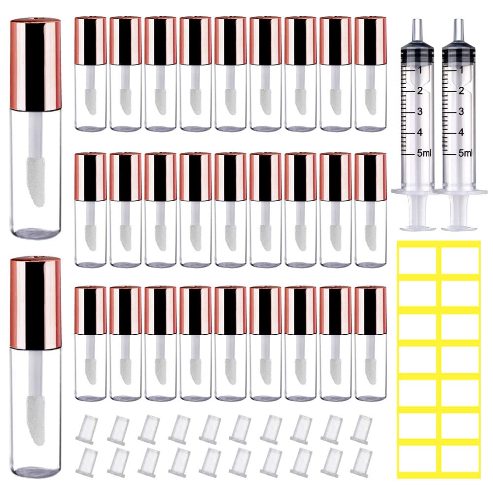 AMORIX 50PCS Mini Lip Gloss Tubes with Wand 1.2ml Empty Lip Gloss Containers Refillable Travel Lip Balm Bottles for Samples with 5ml Syringes DIY Lip Gloss Base + Tag Labels (Rose Gold)