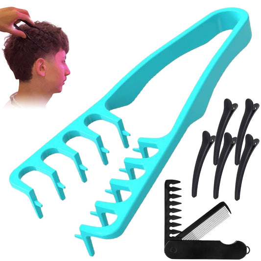 Textured Styling Comb, Volumizing Wide-Tooth Hair Styling Comb, 2025 Upgrade Texture Combs Attached 5 Hair Clips and a Folding Combs, Bangs Seam Grooming Styling Tool, For Women Men (Blue)