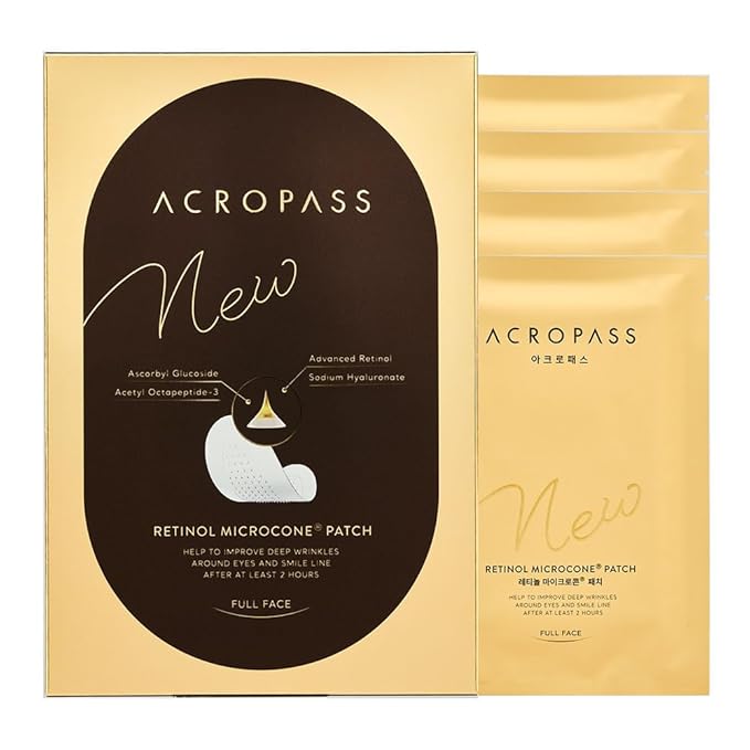 ACROPASS New Retinol Hyaluronic Microcone Patch for Full Face | Ultra 3,300 IU/g Retinol Anti-Aging Patch for Eye Area, Frown Line, Smile Line Wrinkles [4 pouches]