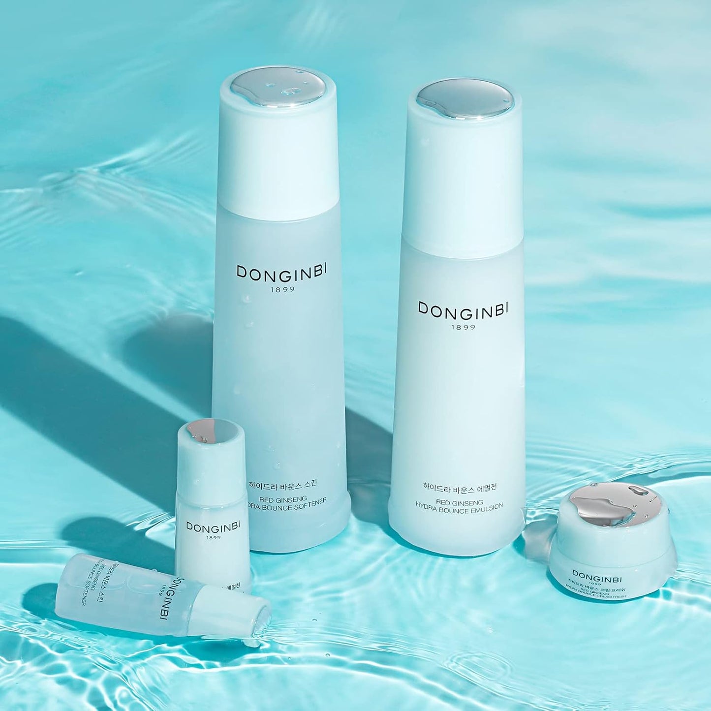 Donginbi Hydra Bounce Skin Care Set - Hydrating Toner(5.07 floz), Korean Red Ginseng Essence(4.4 floz), Firming Cream, and Face Moisturizer with Hyaluronic Acid, Korean Skin Care Gifts for Women