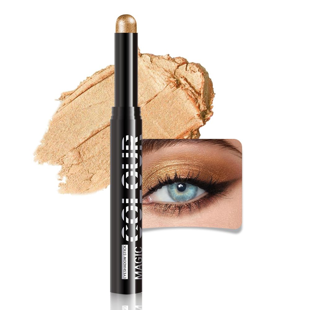 Gold Shimmer Cream Eye Shadow Stick Makeup for Women, Gold Yellow Shimmer Matte Eye Shadow Brightener Stick for Eyes, Long-lasting Waterproof Eyeshadow Pencil Applicator Blendable for Eye Highlight 05