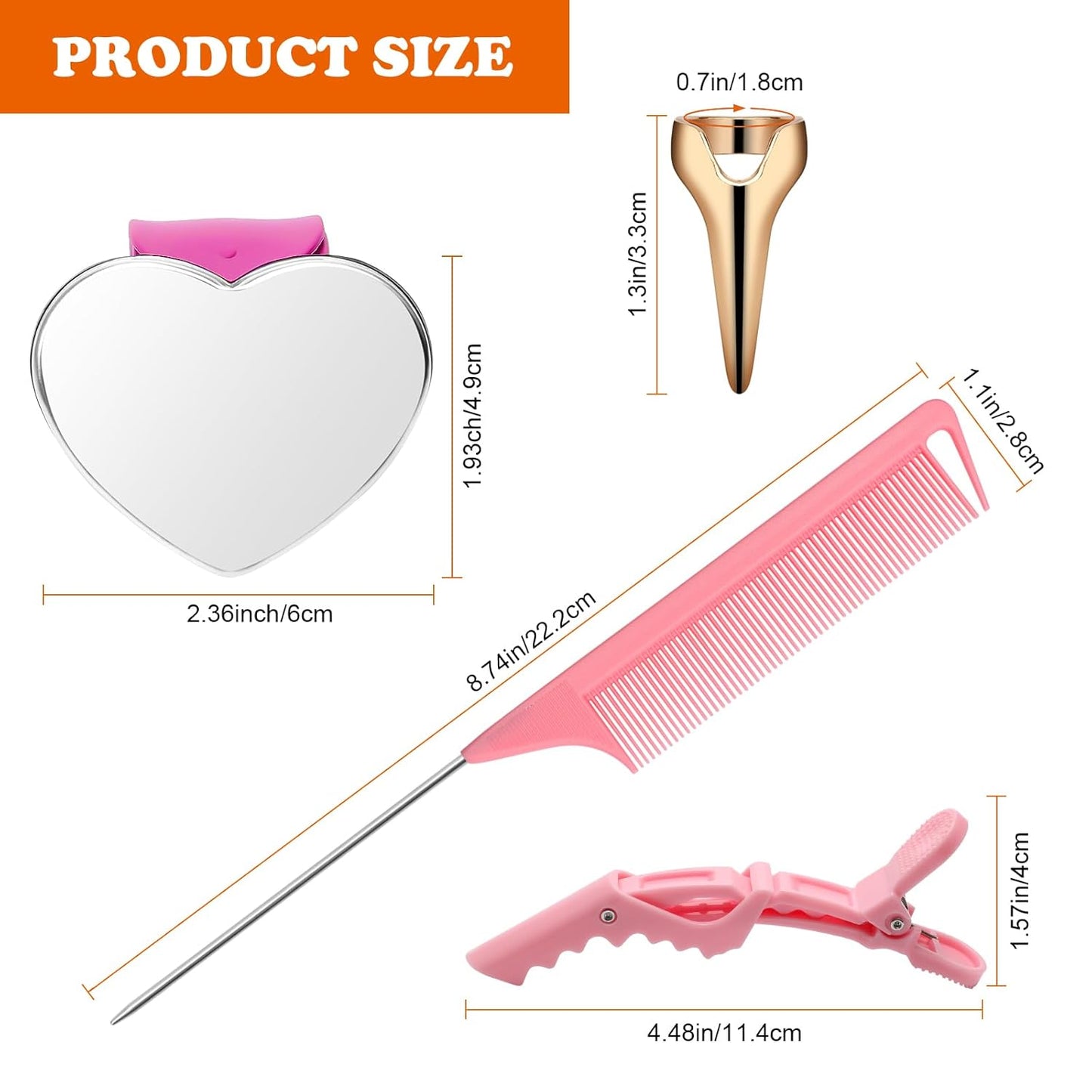 17 Pieces Hair Parting Tools Set Heart, Included 8P Hair Parting Ring 2P Metal Rat Tail Comb 6P Hair Sectioning Clip with 1P Magnetic Wrist Sewing Pin Holder for Braiding (Pink)