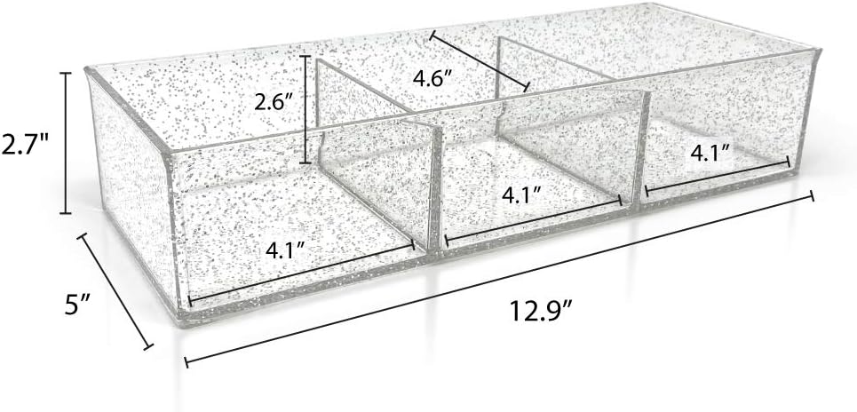 Isaac Jacobs Large 3-Compartment Acrylic Stackable Organizer (12.9" L x 5" W x 2.7" H), Multi-Sectional Tray & Storage Solution for Makeup, Craft Supplies, Bathroom, Kitchen, Office (Silver Glitter)