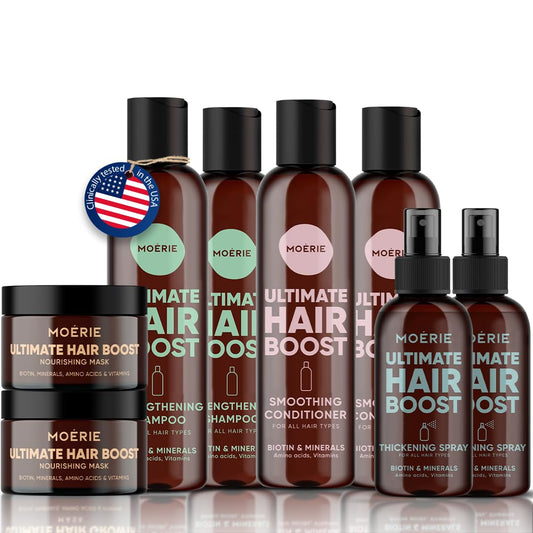 Moerie Shampoo and Conditioner Plus Hair Mask and Hair Spray Mega Pack – The Ultimate Hair Care Set – For Longer, Thicker, Fuller Hair - Volumizing Hair Products – Paraben & Silicone Free - 8 items