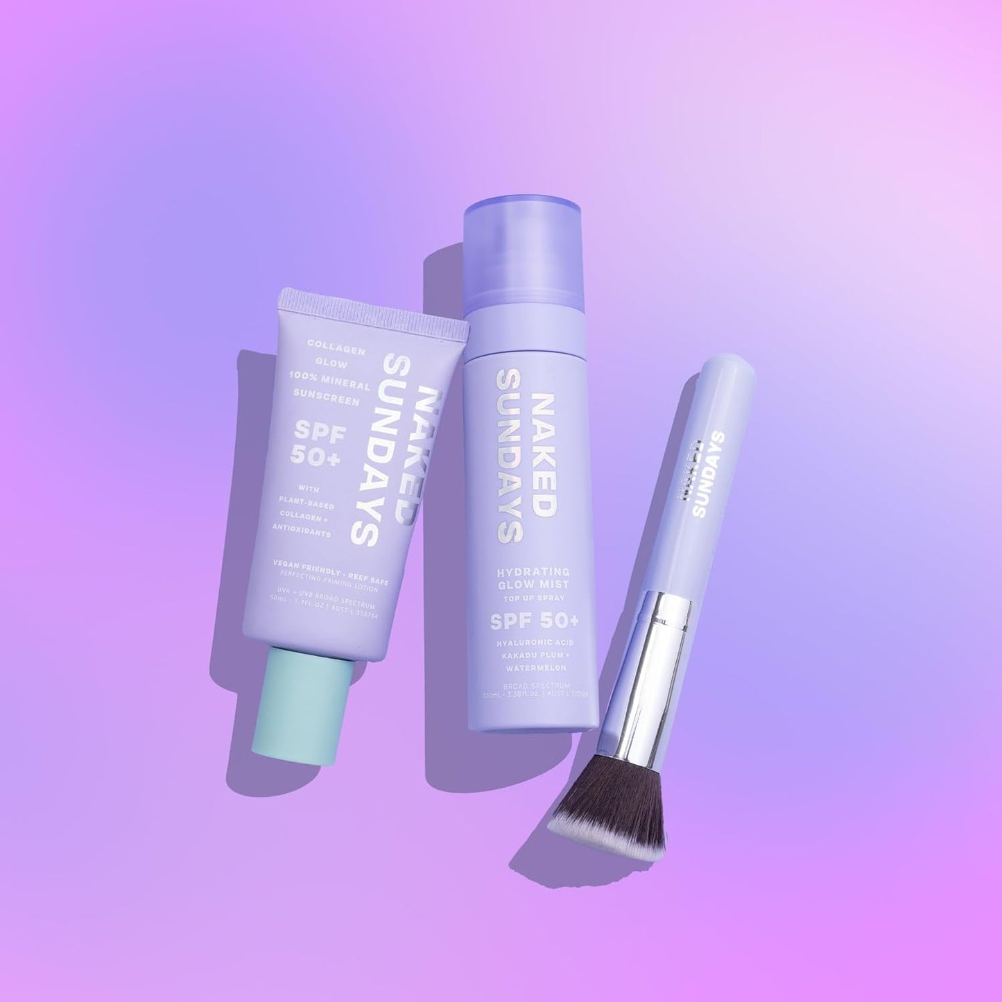 Naked Sundays Daily Sunscreen SPF 50 Best Sellers Trio - 100% Mineral Primer Lotion, Hydrating Glow Setting Spray Mist, and SPF Brush