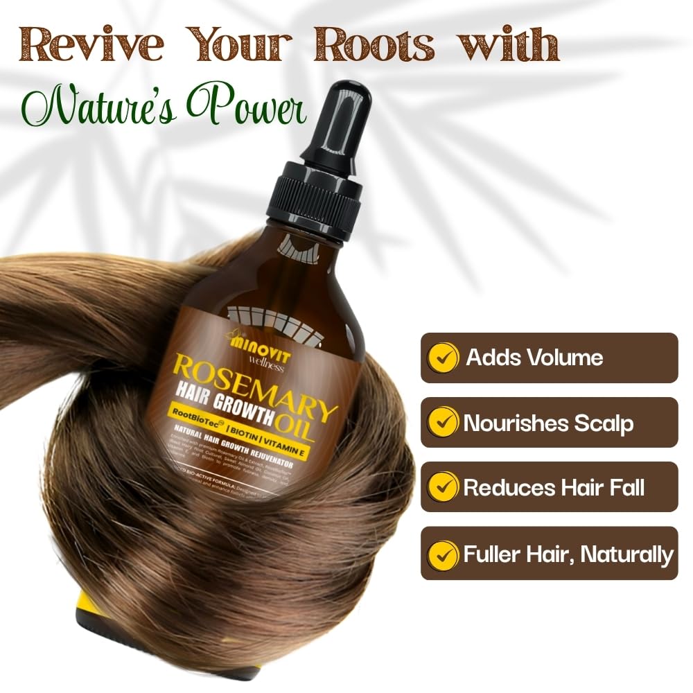 Rosemary Oil For Hair Growth (3.4 Fl Oz) Infused With Biotin, Vitamin E, Almond Oil & Coconut - Hair Strengthening, Nourishing & Volumizing