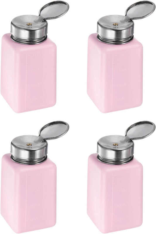 HARFINGTON 4PCS 200ML(6.8oz) Push Down Alcohol Dispenser Pump Liquid Press Empty Bottles Refillable Container for Acetone Cleanser Nail Polish Remover, Pink