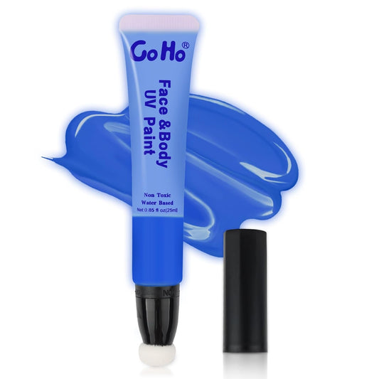 Go Ho UV Blacklight Neon Blue Face Body Paint,Water Based Bright Color Neon Fluorescent Body Paint with Cushion Applicator,Glow In The Dark Under UV Light Party Halloween Makeup Washable