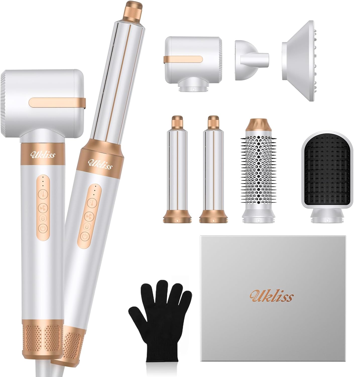 UKLISS Hair Dryer Brush 7 in 1，110000 RPM Hair Dryer with Diffuser for Curly & Twisted Hair Professional Ionic Brush Blow Dryer for Salon-Quality Styling, White Gold