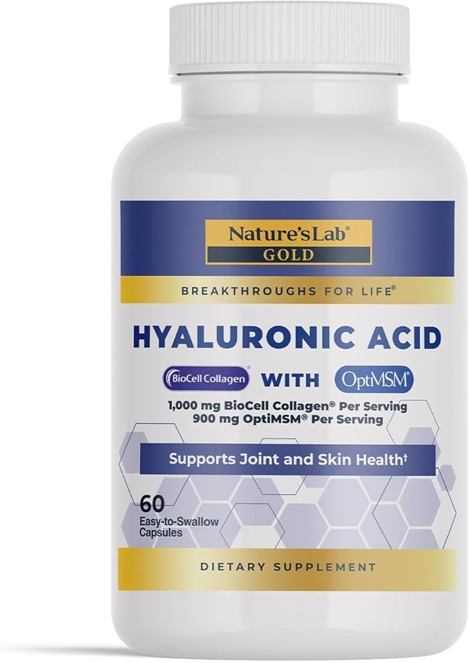 Nature's Lab Hyaluronic Acid with Biocell Collagen and MSM - Skin Hydration, Joint Health - 60 Capsules (20 Day Supply)