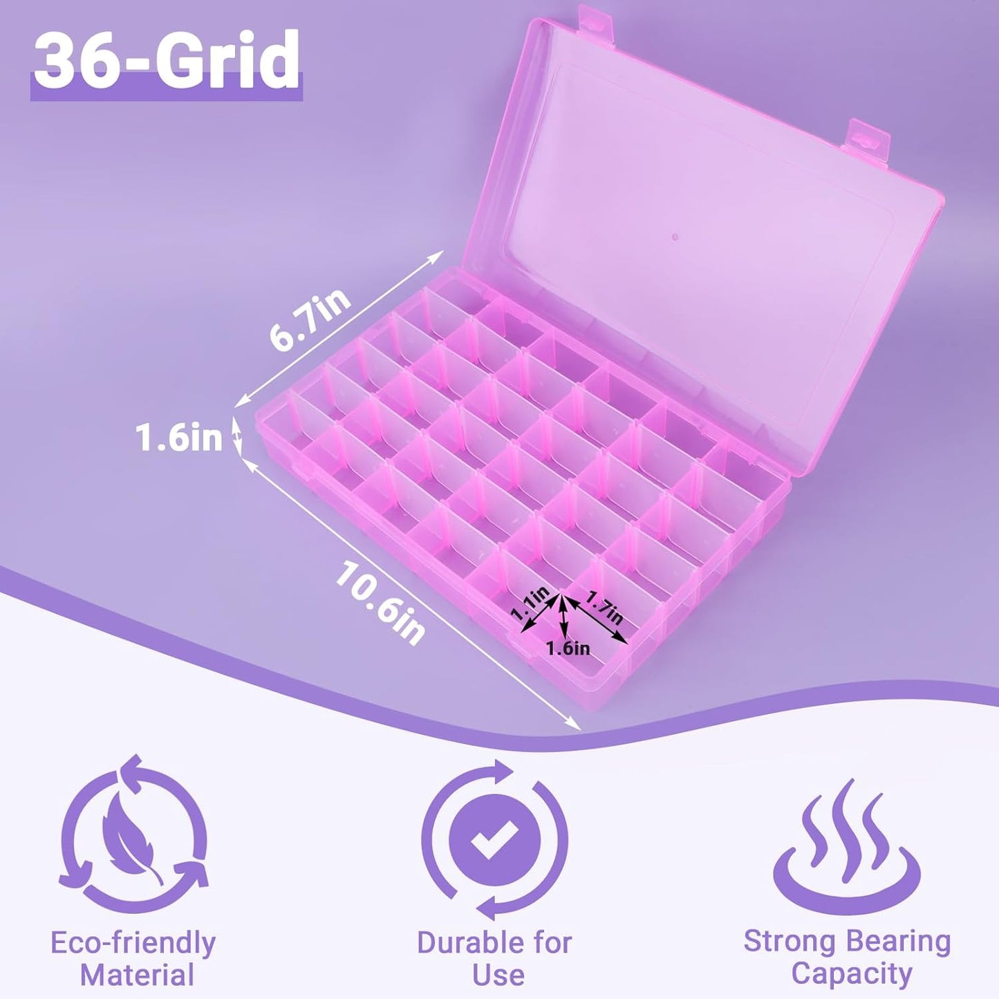 False Nail Container, Cosics Bright Pink 36-Gird Plastic Nail Art Organizers Storage Box with Adjustable Dividers, False Jewelry Diamonds Charms Nail 3D Decorations Manicure Accessory Holder Case