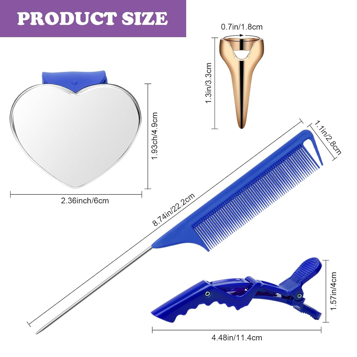 17 Pieces Hair Parting Tools Set Heart, Included 8P Hair Parting Ring 2P Metal Rat Tail Comb 6P Hair Sectioning Clip with 1P Magnetic Wrist Sewing Pin Holder for Braiding (Blue)