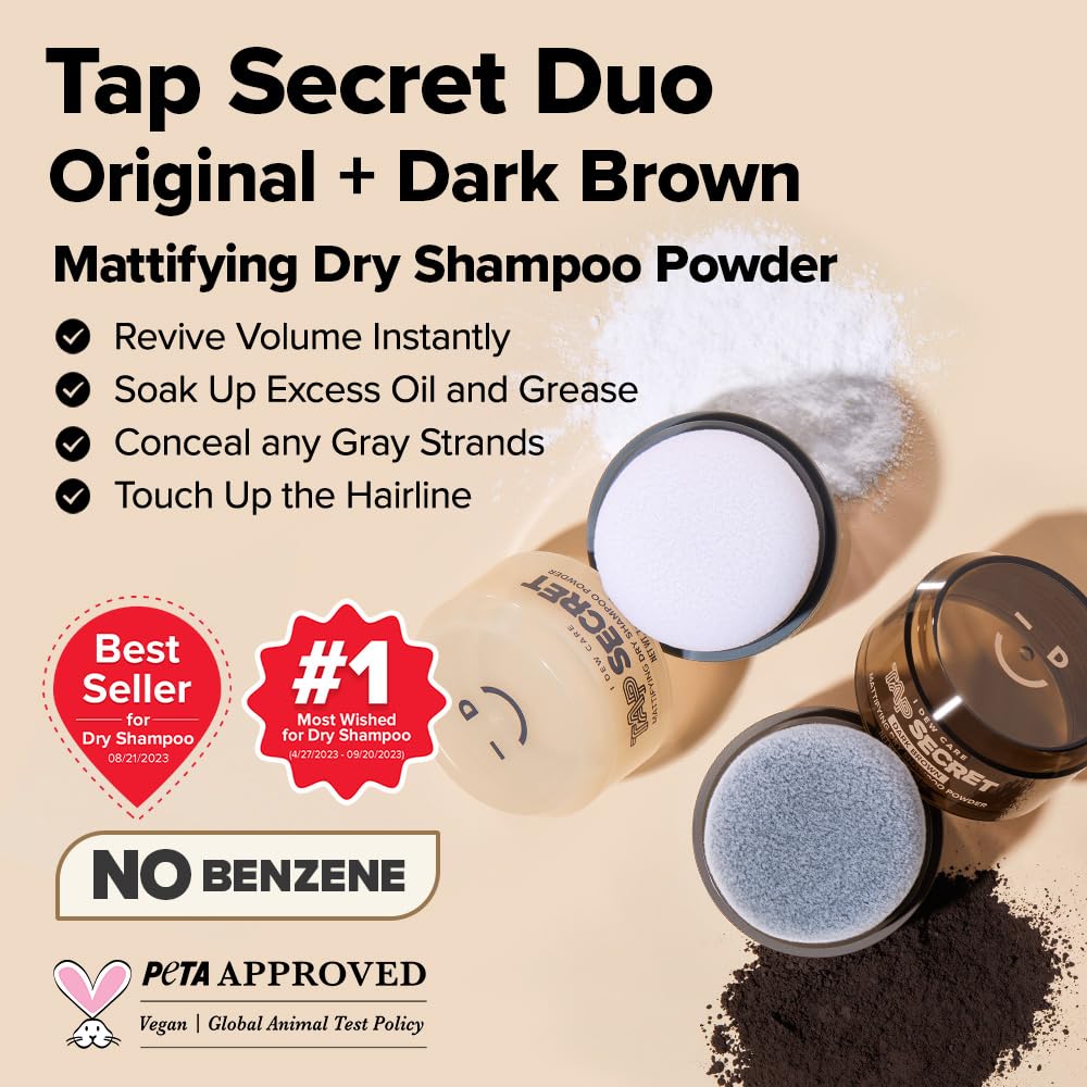 I DEW CARE Biotin Clarifying Dry Shampoo - Tap Secret Dark Original & Dark Brown Duo set | Strengthening & Volumizing, Powder Type, Refillable, Travel size, Brunette, Beauty Gift Sets, 0.29 Oz * 2ea
