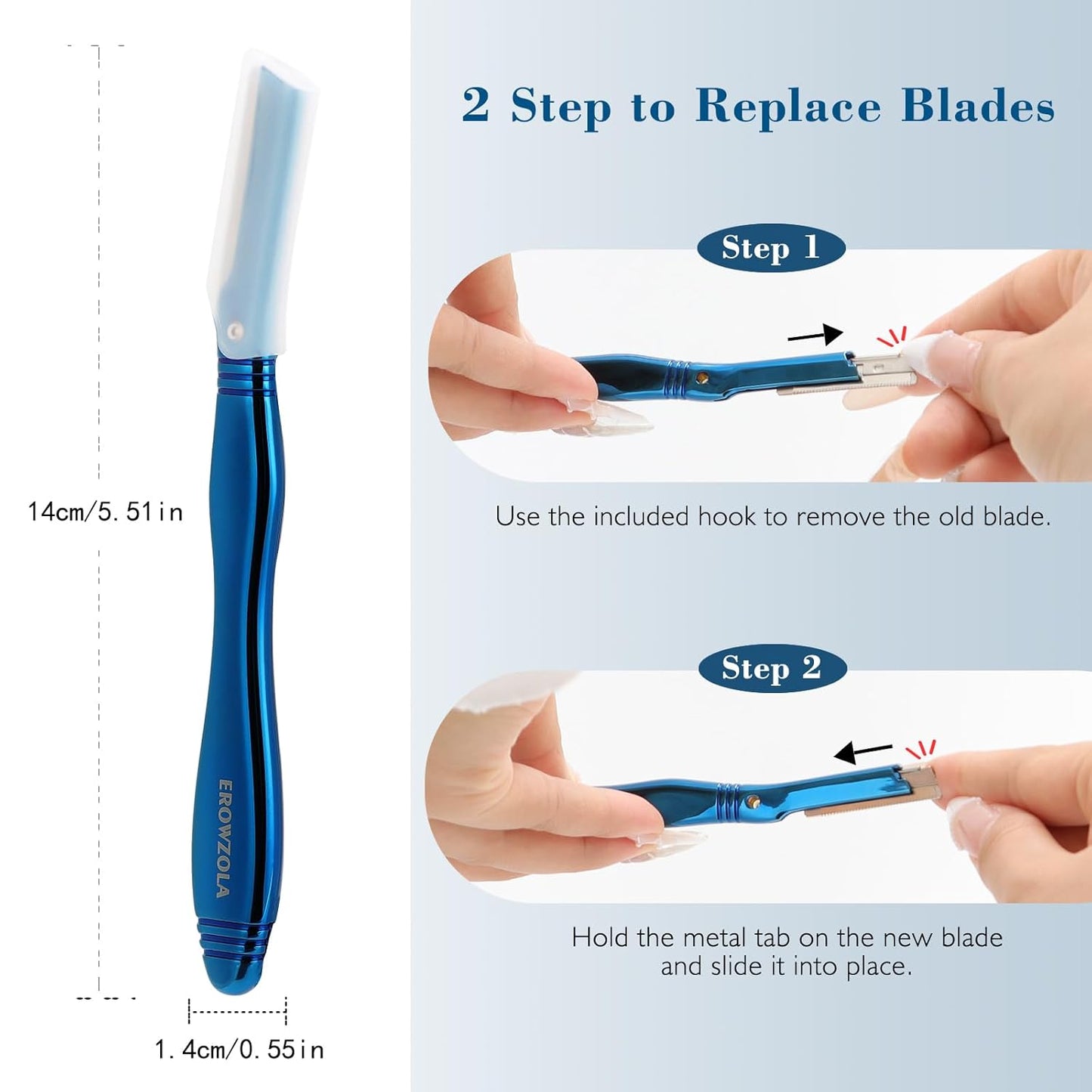 Eyebrow Razor for Women and Men, Face Razors for Women, Dermaplane Razor with Protective Silicone Cover, Reusable Metal Handle with 6 Refill Blades, Skin Care Tool - Blue