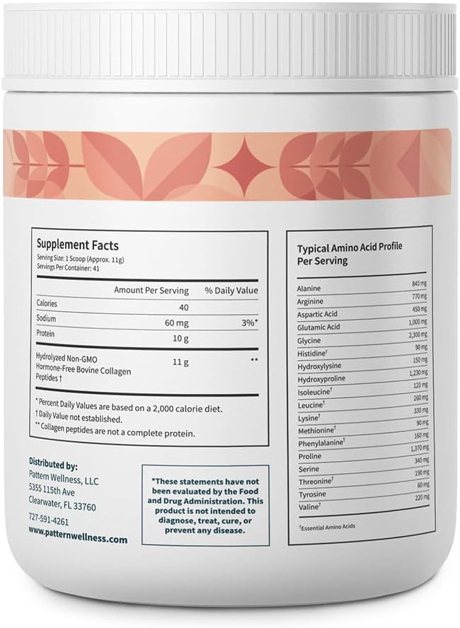Pattern Wellness Collagen Peptides Powder (Type I & III) - Hair, Nails, Skin & Joint Support - Grass Fed & Pasture-Raised - Hydrolyzed, Non-GMO, Dairy Free, & Keto-Friendly - Unflavored (16 Oz)