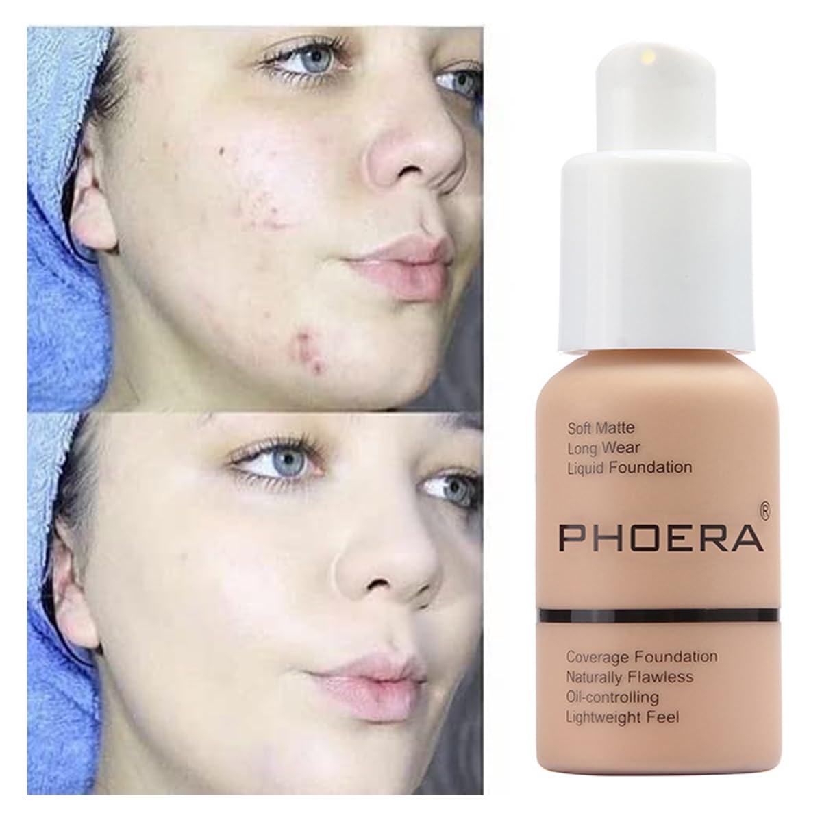 PHOERA 2 Pack Flawless Soft Matte Liquid Foundation, 24 HR Oil Control Concealer Makeup, Full Coverage Foundation for Women and Girls (105 Sand)