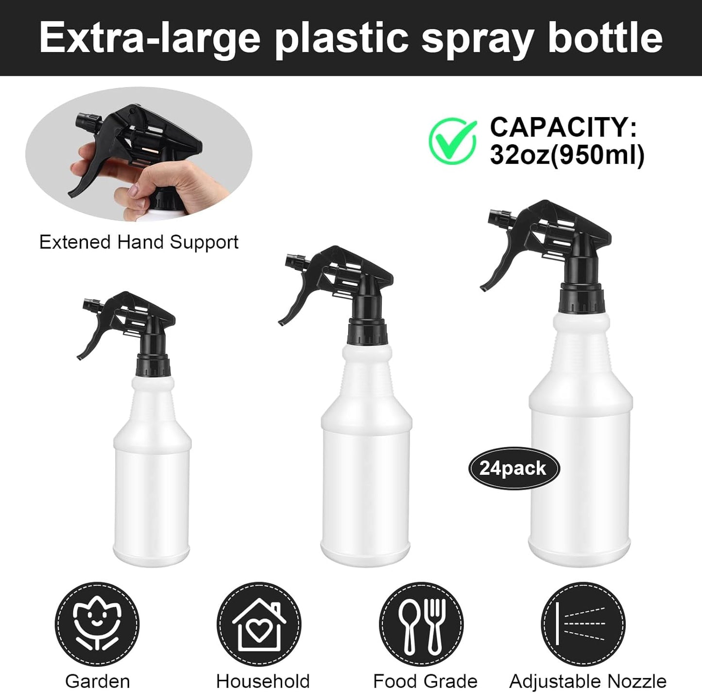 Zubebe 24 Pack 32 oz Plastic Spray Bottle Bulk Empty Leakproof Heavy Duty Spray Bottles for Cleaning Supplies Mist Bottles with Label and Adjustable Nozzle for Plant(Black,No Scale)