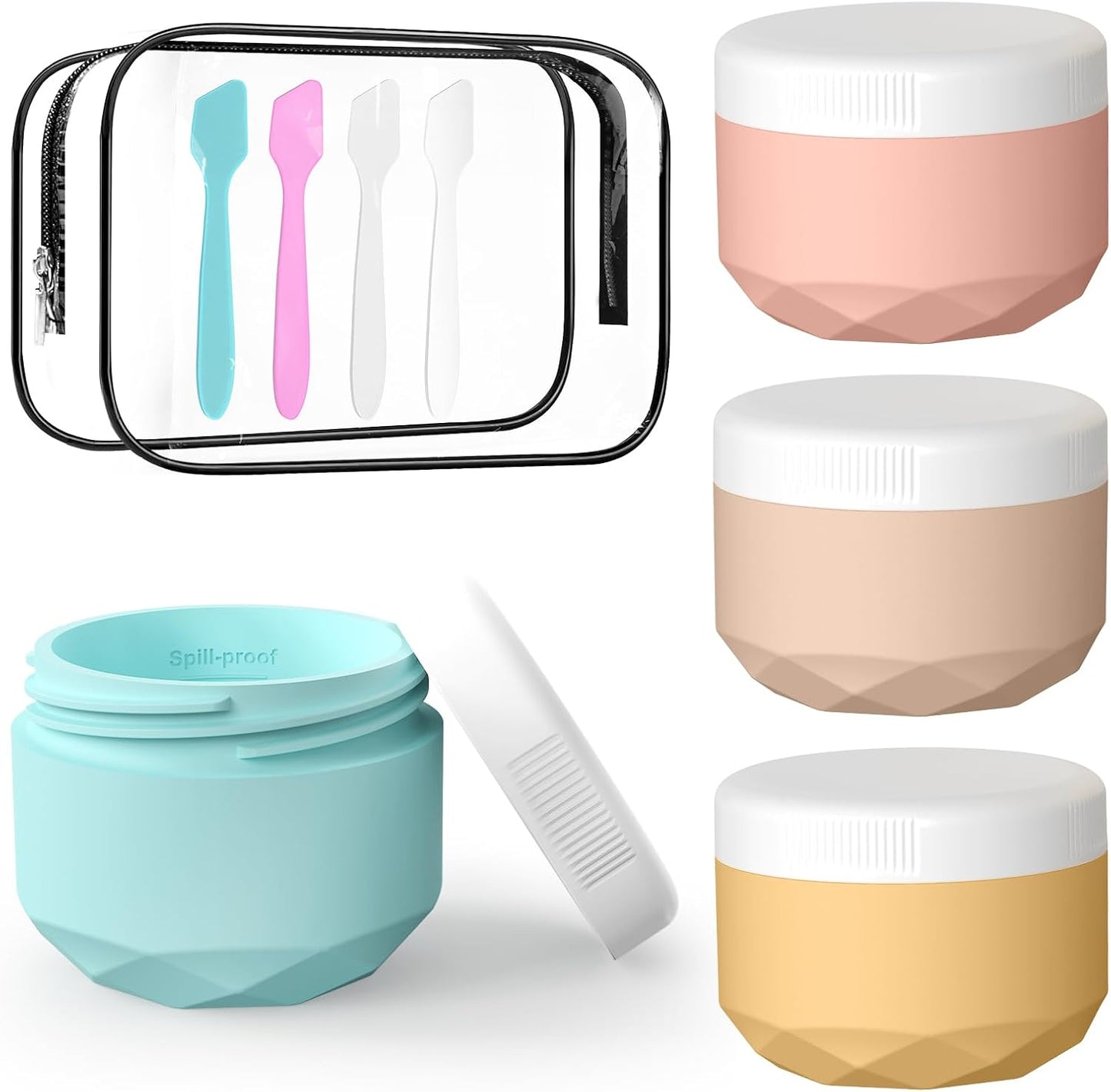 Travel Containers for Toiletries, 4-Pack TSA Approved Silicone Jars (2.5oz) - BPA Free Leakproof Cosmetic Containers for Creams, Lotion, Skincare & Makeup with Bonus Waterproof Bag