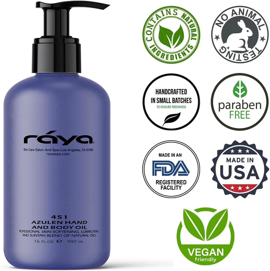 RAYA Azulen Hand and Body Oil 16 oz (451) | Softening and Natural Blend of Oils for Hands, Arms, Legs, and Body | Great as a Body Massage Oil | Great for All Skin