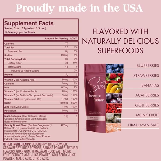 Hydrolyzed Multi Collagen Powder Beauty Superfood for Women Aging Skin, Hair, Nail, Joints, Gut Health, Vitamins, Probiotics, Peptides Keto Supplement Drink |Berry Flavor by Svete