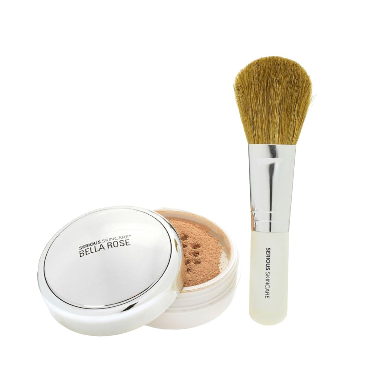Serious Skincare BELLA ROSE PRO-MINERALS Loose Mineral Powder Makeup Foundation SPF 15 with Goat Hair Application Brush - Sheer to Full Coverage - Luminous Matte Finish - Men and Women - 0.50 oz - Tan