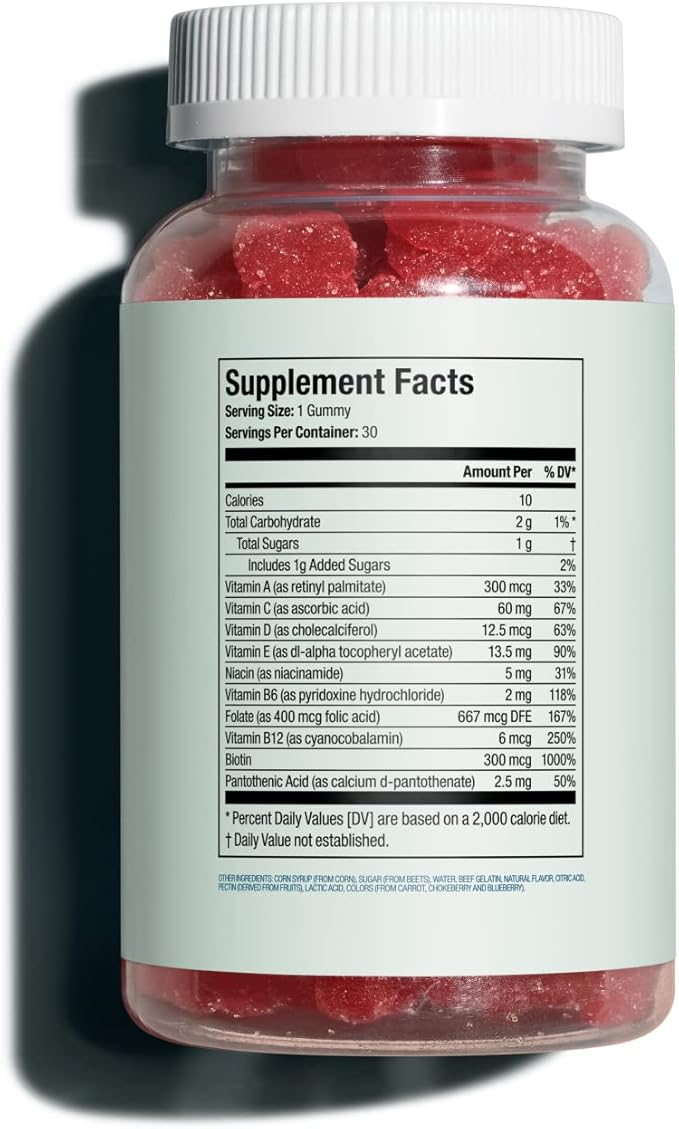 Hers Biotin Builder Gummy Vitamins with Vitamins B12 and B6, Vitamin D, Gluten Free, No Artificial Sweeteners or Flavors, Wild Cherry Flavor, 30 Count