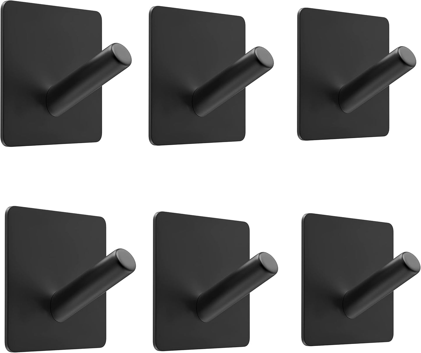 Matte Black Self Adhesive Towel Hooks for Bathroom Wall Door Mounted - SUS304 Stainless Steel Strong Strips Stick on 3M Wall Hooks for Hanging Coat, Hat, Bag, Key, Jacket – 6 Pack