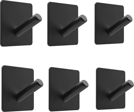 Matte Black Self Adhesive Towel Hooks for Bathroom Wall Door Mounted - SUS304 Stainless Steel Strong Strips Stick on 3M Wall Hooks for Hanging Coat, Hat, Bag, Key, Jacket – 6 Pack