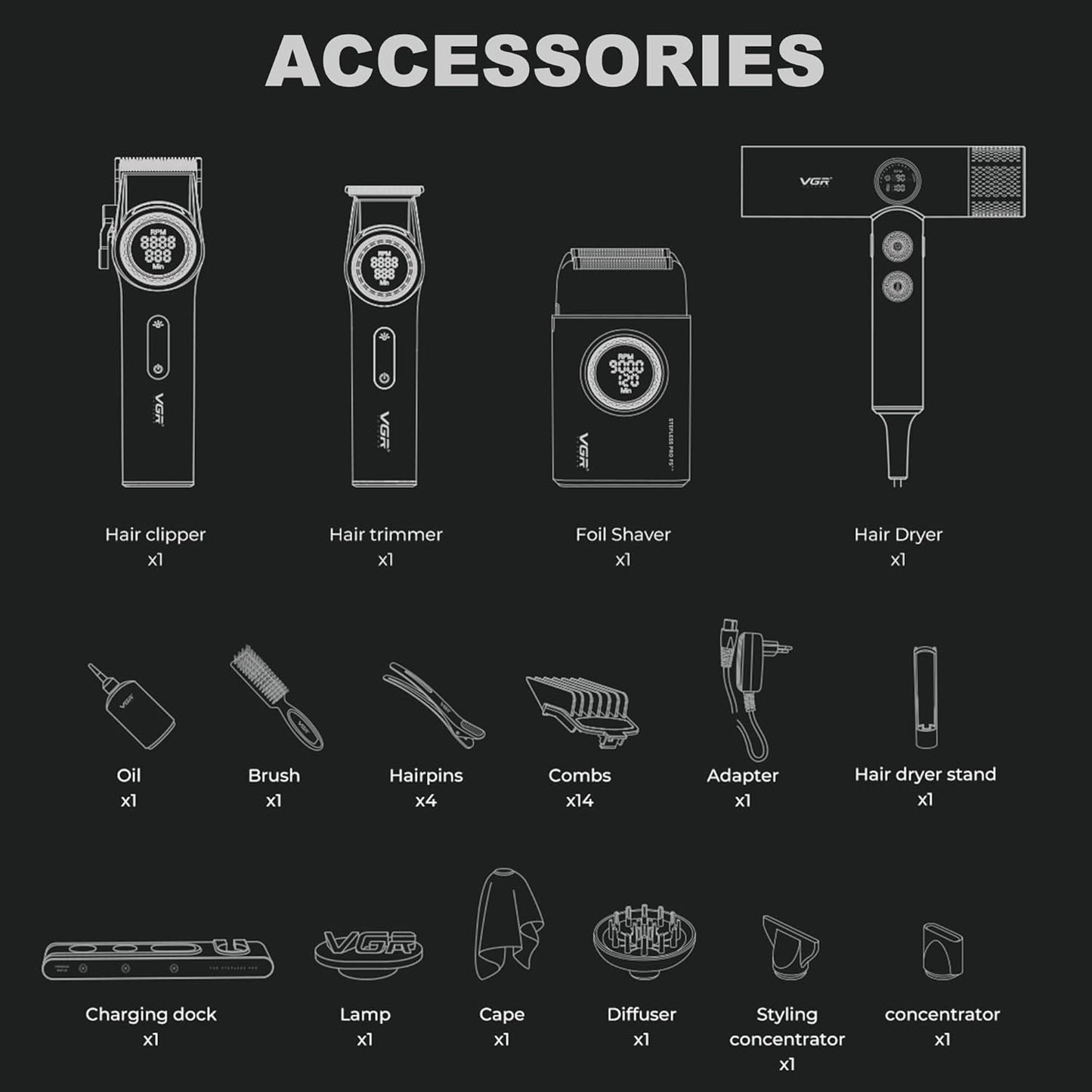 VGR Professional Barber Combo 4 in 1 – 9000RPM Cordless Hair Clipper & Trimmer, Foil Shaver & Hair Dryer Set, All-in-One Grooming Kit for Home & Barber, Premium Haircutting Kit with Travel Case, Red