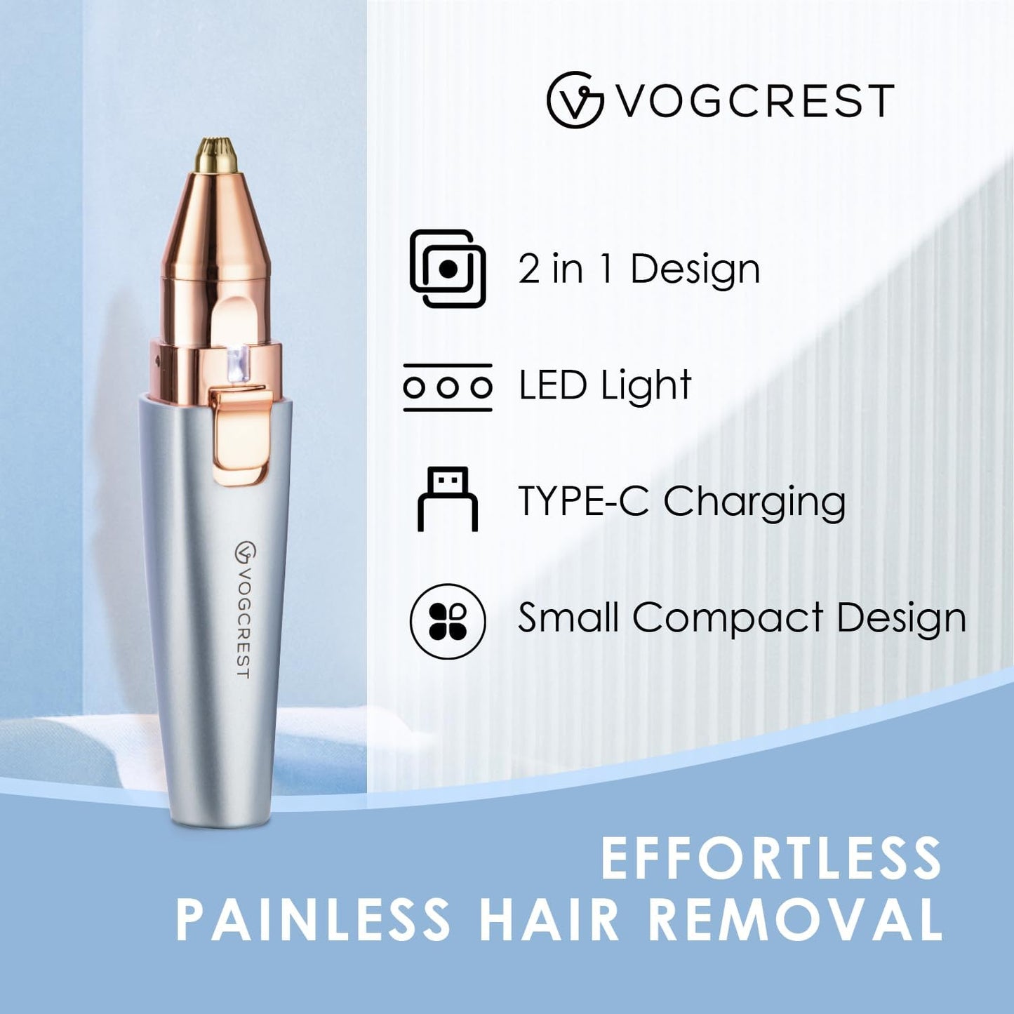 VG VOGCREST Eyebrow & Facial Trimmer: 2 in1 Rechargeable Facial Hair & Eyebrow Shaver - Painless LED Light (Sky Blue)
