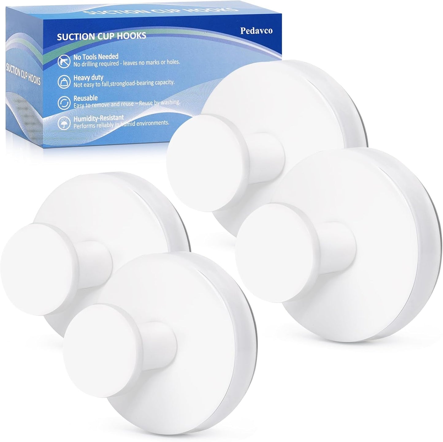 Suction Cup Hooks for Shower No Drill - Heavy Duty Stainless Steel Bathroom Hooks, Wall Mounted for Towels, Robes, Loofah - Works on Tile, Glass, Mirror, Kitchen (White, 4 Pack)