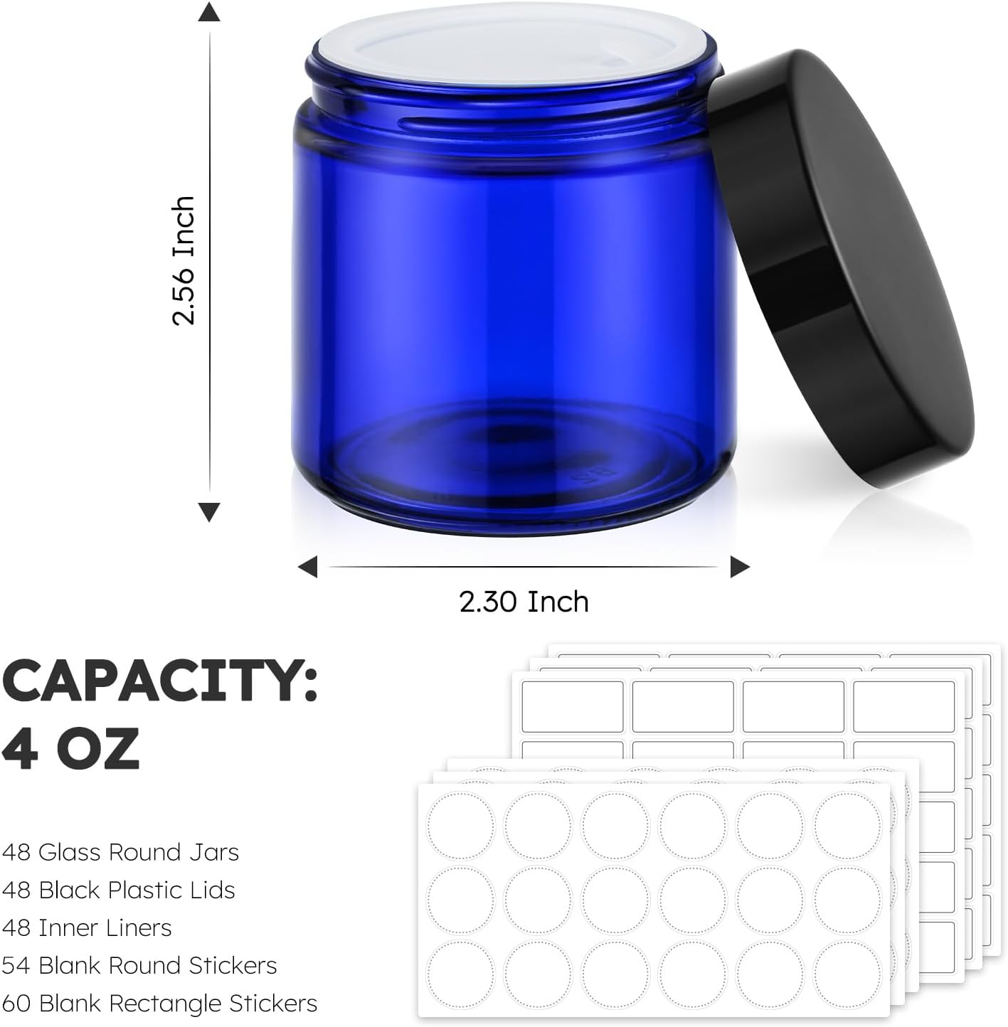 Tecohouse 4 oz Glass Jars with Lids, 48 Pack Blue Cream Canning Mason Jars with Lids, White Labels & Inner Liners, Empty Airtight Round Clear Slime Containers for Spice, Lotion, Ointments