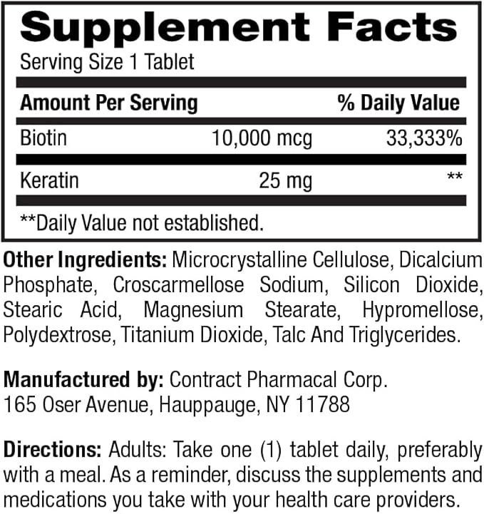 Earth's Splendor Biotin 10,000 mcg + Keratin 25mg, Promotes Healthy Hair, Strong Nails and Skin Support, 60- Day Supply