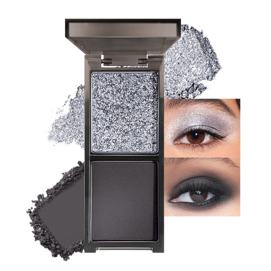 Gray Black Two Color Matte Shimmer Glitter Eyeshadow,Bright Eye Shadow Powder,Professional Long-Lasting Waterproof Makeup Palette,Blendable,Easy-To-Apply and Compact for Travel